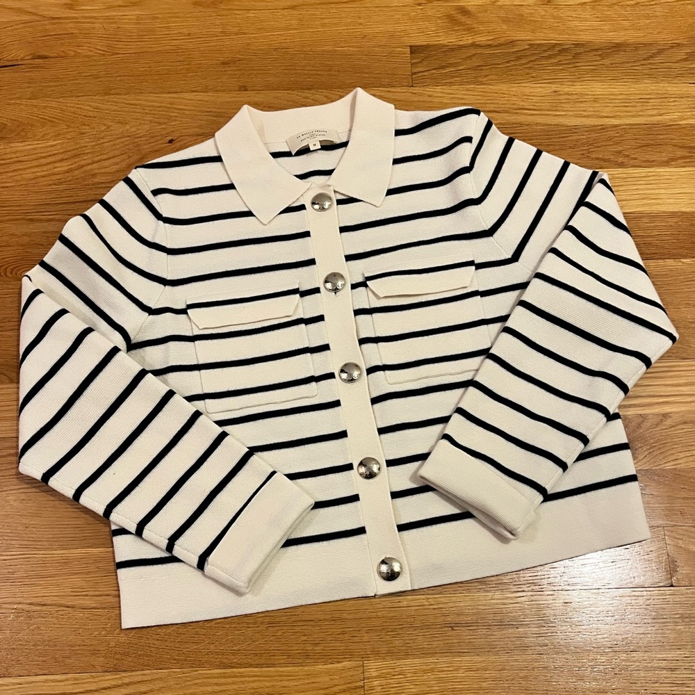 Sezane Betty cardigan in navy blue and ecru stripe - Picture 7 of 9